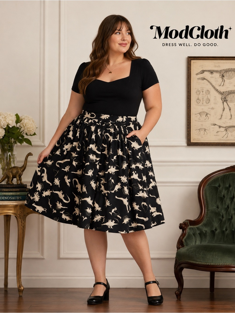 ModCloth Dinosaur Print Pleated Skirt Women’s 4X Black Cream Plus Size Pockets